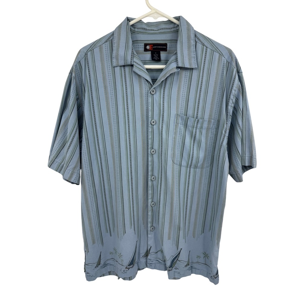 Earthbound Mens Blue 100% Silk Nautical Sailboat Striped Camp Shirt Size M